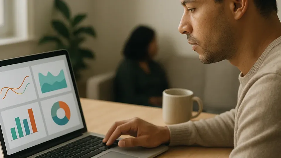 A person at a home desk checking a portfolio dashboard on a laptop beside a notebook of handwritten figures
