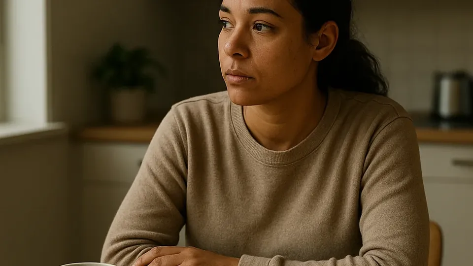 A woman at a kitchen table with a bank statement and a pen, looking away in thought