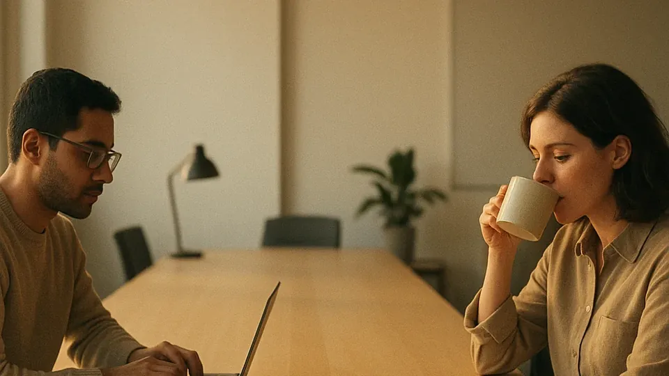 A nearly empty open-plan office on a Friday afternoon with two people at opposite ends of a long desk